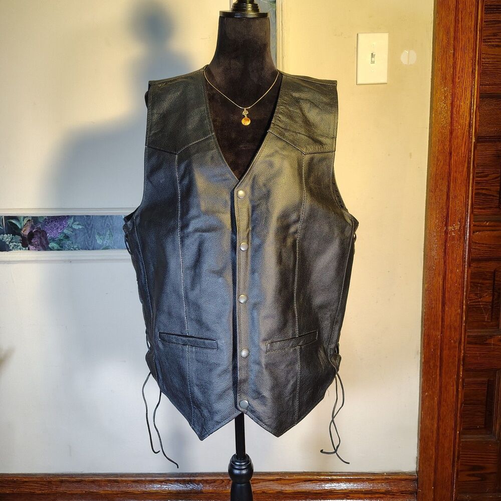 Leather Biker Black Vest Tie Down Sides Defy Leather Men's Sz Medium
